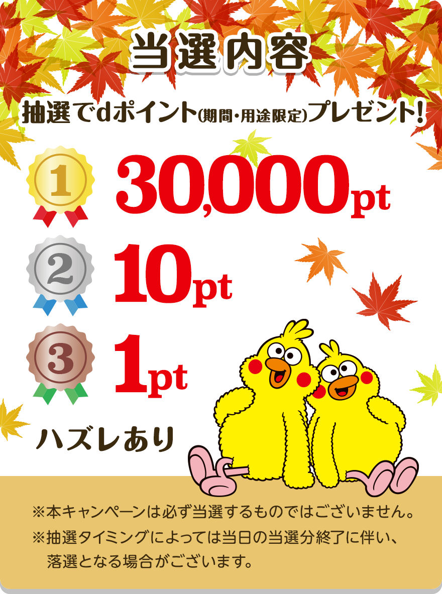【当選内容】抽選でdポイント（期間・用途限定）をプレゼント！ 1等30,000pt 2等10pt 3等1pt