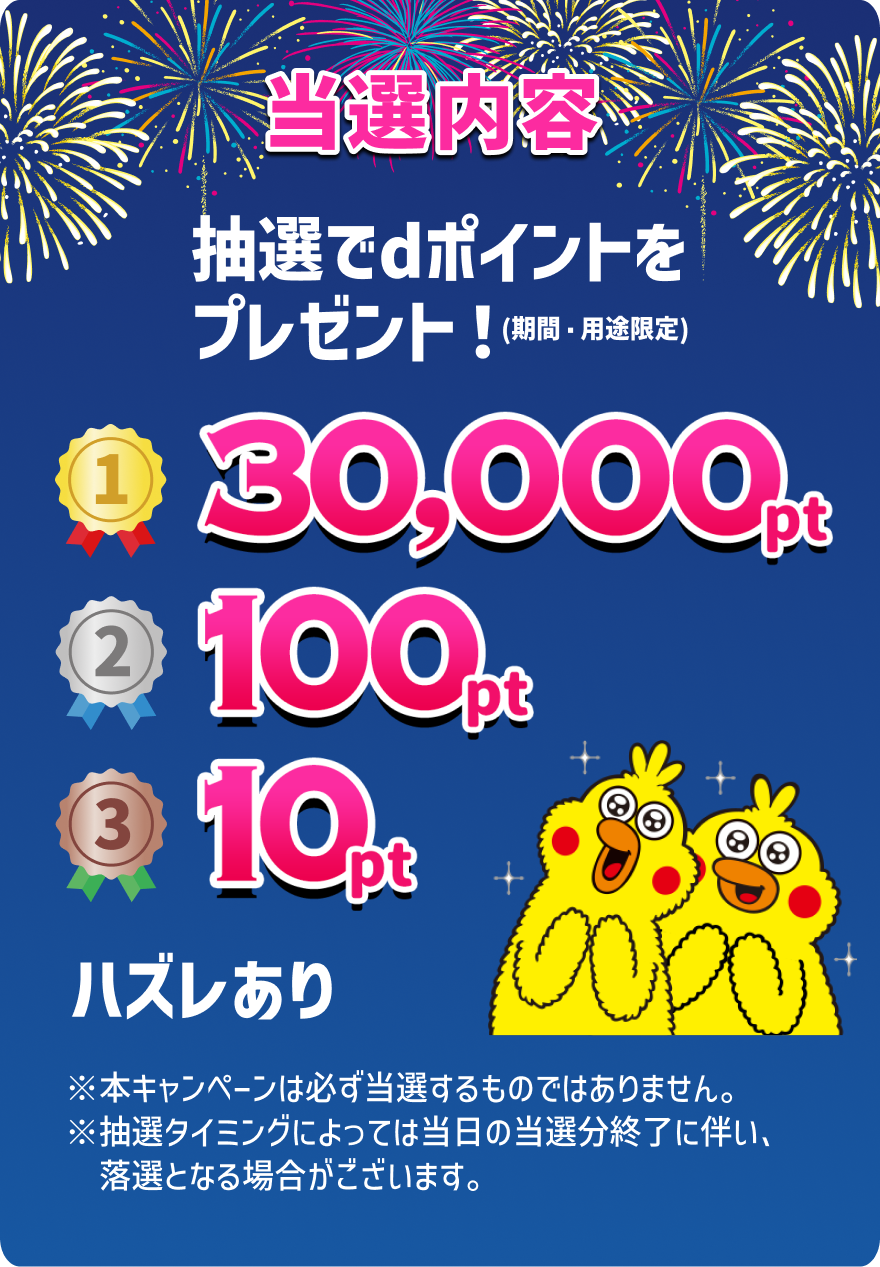 【当選内容】 抽選でdポイントをプレゼント（期間・用途限定） 1等30,000pt 2等100pt 3等10pt ハズレあり ※本キャンペーンは必ず当選するものではありません。 ※抽選タイミングによっては当日の当選分終了に伴い、落選となる場合がございます。