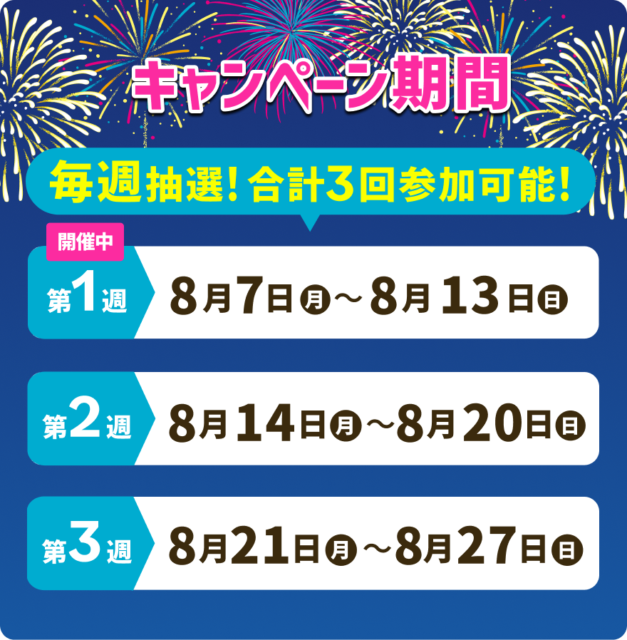 【キャンペーン期間】 毎週抽選！合計3回参加可能！【第1週（開催中）】8月7日（月）〜8月13日（日）【第2週】8月14日（月）〜8月20日（日）【第3週】8月21日（月）〜8月27日（日）