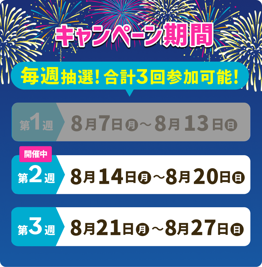 【キャンペーン期間】 毎週抽選！合計3回参加可能！【第1週】8月7日（月）〜8月13日（日）【第2週（開催中）】8月14日（月）〜8月20日（日）【第3週】8月21日（月）〜8月27日（日）