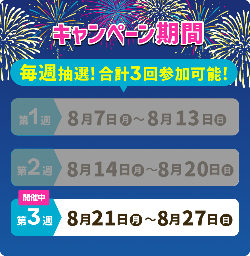 【キャンペーン期間】 毎週抽選！合計3回参加可能！【第1週】8月7日（月）〜8月13日（日）【第2週】8月14日（月）〜8月20日（日）【第3週（開催中）】8月21日（月）〜8月27日（日）
