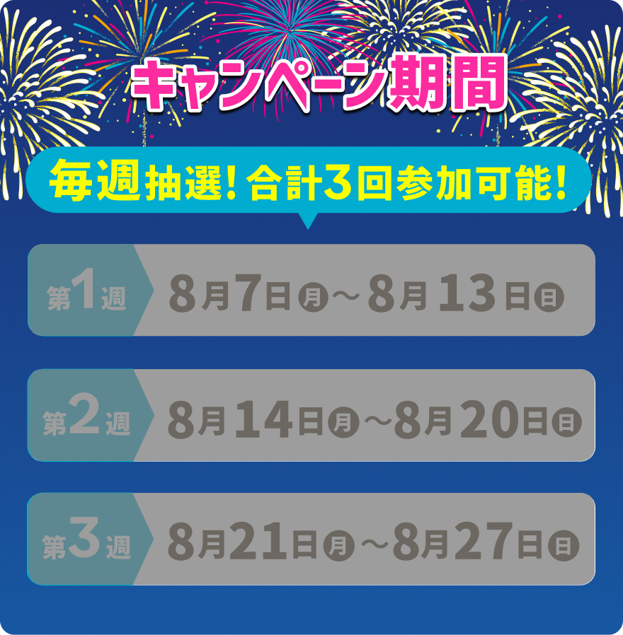 【キャンペーン期間】 毎週抽選！合計3回参加可能！【第1週】8月7日（月）〜8月13日（日）【第2週】8月14日（月）〜8月20日（日）【第3週】8月21日（月）〜8月27日（日）