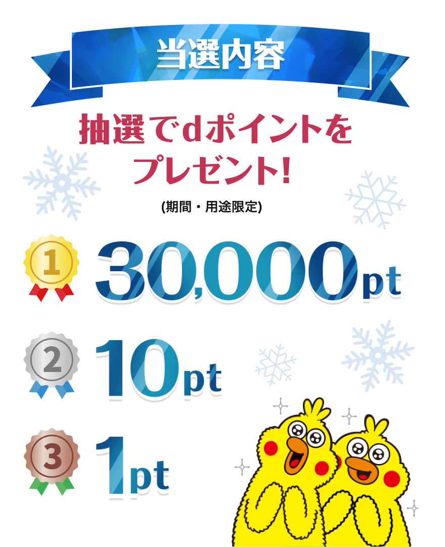 【当選内容】抽選でdポイント(期間・用途限定)をプレゼント！1等：30,000pt 2等：10pt 3等：1pt