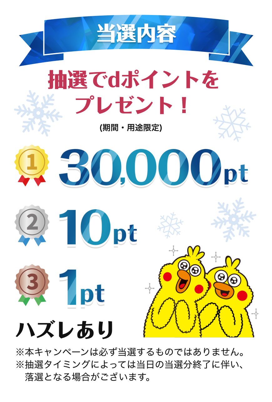 【当選内容】抽選でdポイント(期間・用途限定)をプレゼント！1等：30,000pt 2等：10pt 3等：1pt ハズレあり※本キャンペーンは必ず当選するものではありません。※抽選タイミングによっては当日の当選分終了に伴い、落選となる場合がございます。