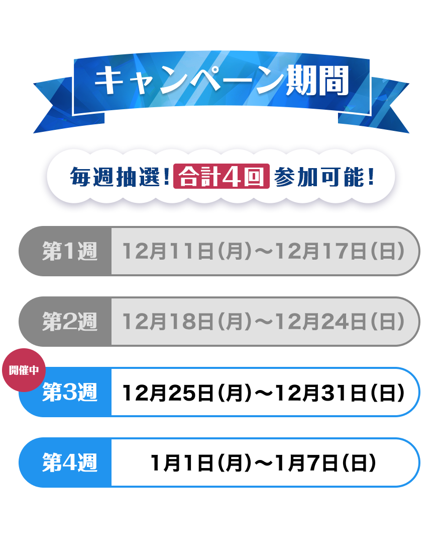 【キャンペーン期間】合計4回参加可能！第1週：12月11日（月）～12月17日（日）第2週：12月18日（月）～12月24日（日）第3週（開催中）：12月25日（月）～12月31日（日）第4週：1月1日（月）～1月7日（日）